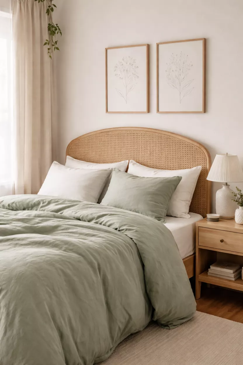 A realistic photo of a bedroom featuring a light tan rattan headboard, white pillows, a sage green duvet, and a wooden nightstand with a small lamp.