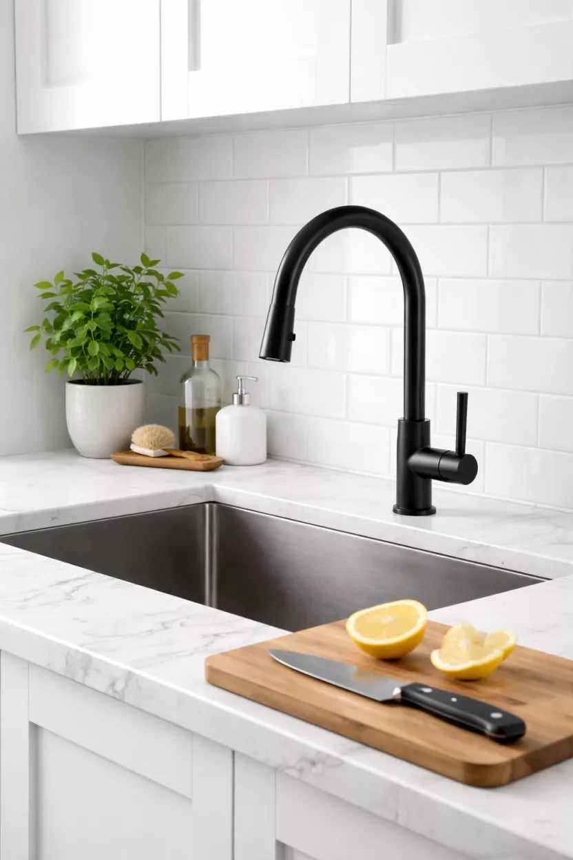 A realistic photo of a modern kitchen sink with a matte black tall faucet, white marble countertops, a wooden cutting board with a knife, and a small green plant.