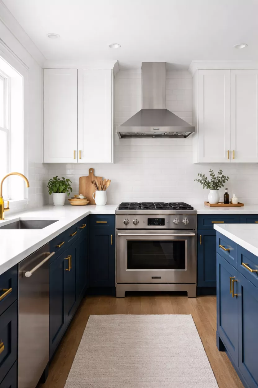 A realistic photo of a kitchen with deep navy blue bottom cabinets, white upper cabinets, gold hardware, and white quartz countertops.