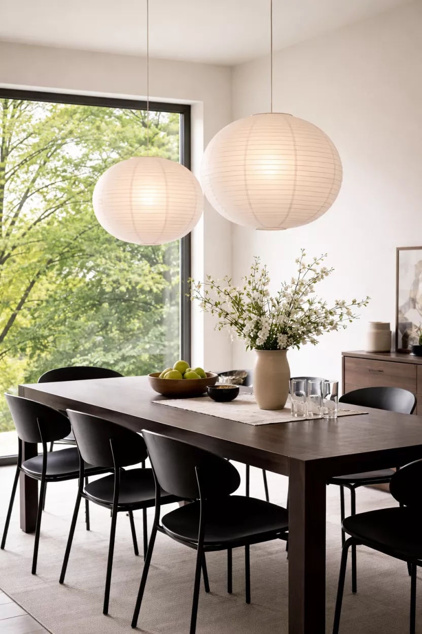 A realistic photo of a dining area with two large white paper lantern pendant lights hanging at different heights over a dark wood table, black modern chairs, and a large window showing green spring trees.