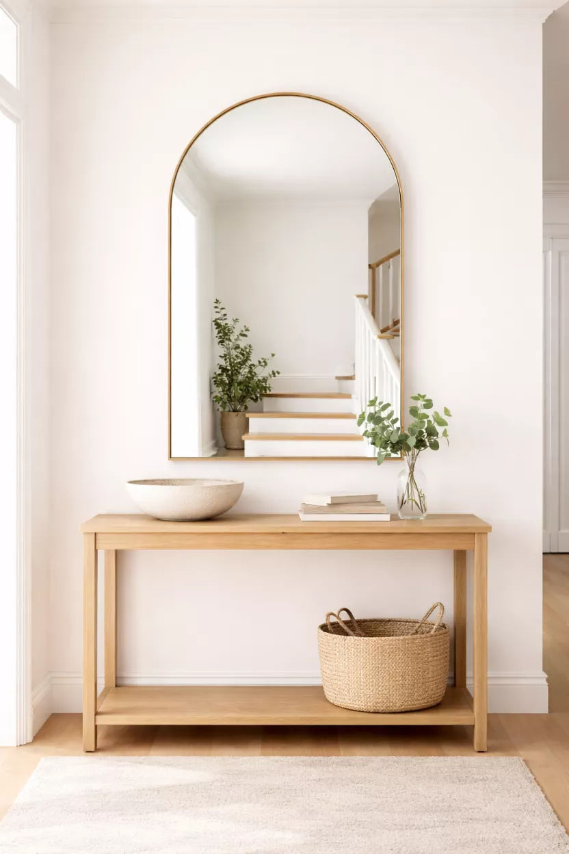 A realistic photo of an entryway featuring a large arched mirror with a thin gold frame, a small console table with a ceramic bowl, and a bright white wall behind it.