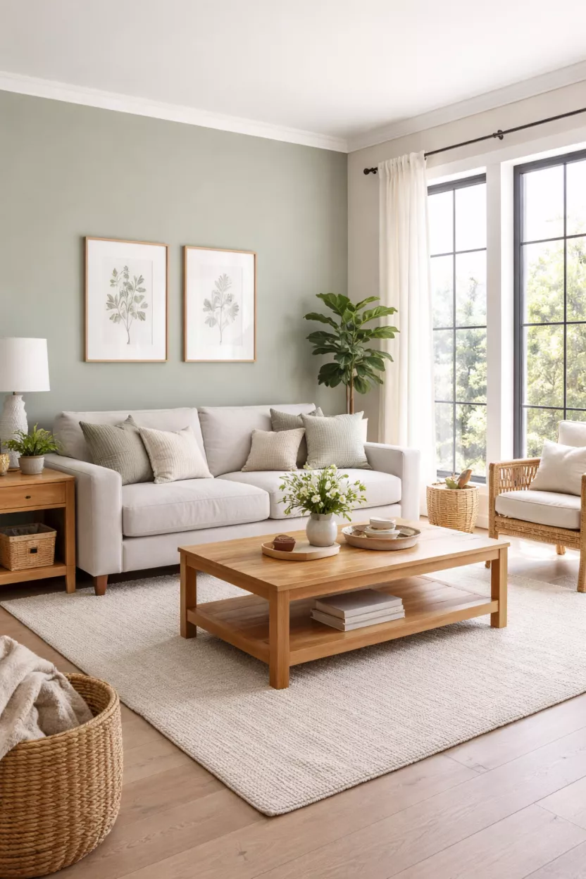 A realistic photo of a living room with a soft sage green accent wall, a light gray sofa, wooden coffee table, and large windows with natural light.