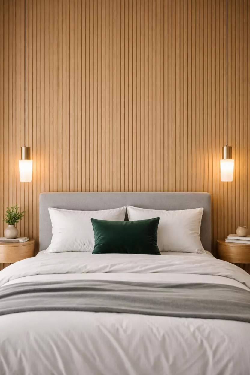 A realistic photo of a bedroom wall covered in light oak fluted wood panels behind a gray upholstered bed frame, two hanging bedside lights, and white bedding with a dark green pillow.
