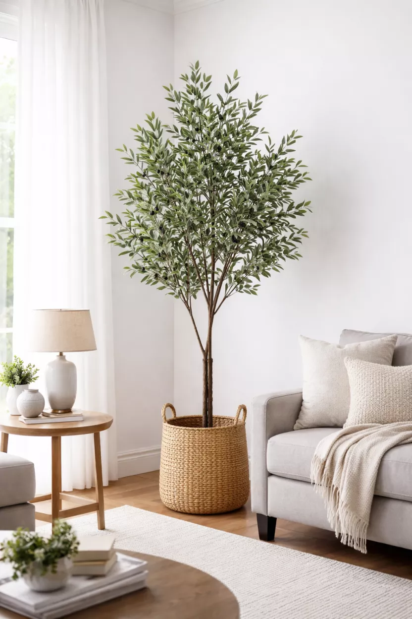 A realistic photo of a tall faux olive tree in a large woven seagrass basket in the corner of a living room with white walls and a gray sofa.