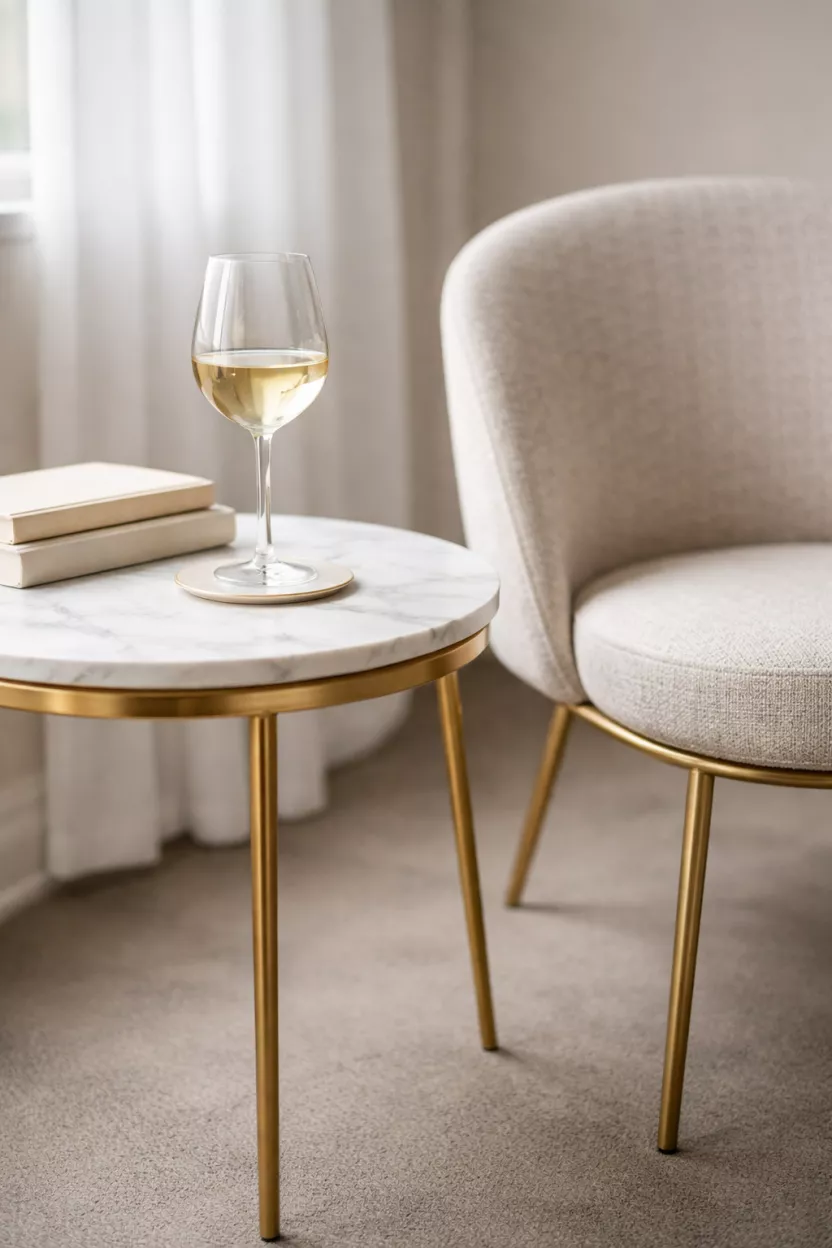 A realistic photo of a small side table with a white marble top and gold legs, a glass of wine, and a modern chair next to it.