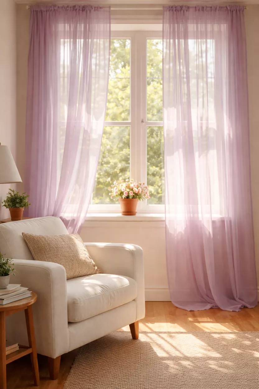A realistic photo of a sunny window with sheer lavender curtains glowing in the light, a white armchair nearby, a wooden floor, and a small flower pot on the window sill.