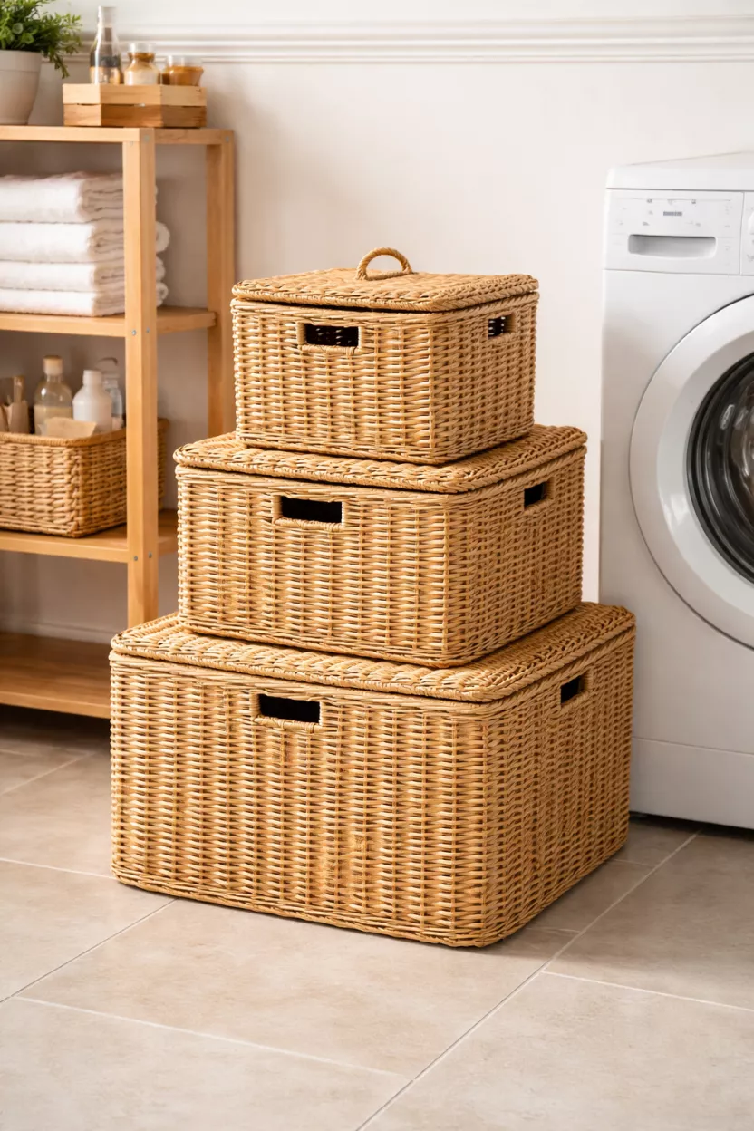 A realistic photo of three stacked wicker storage baskets with lids in a laundry room, next to a white washing machine and a wooden shelf.