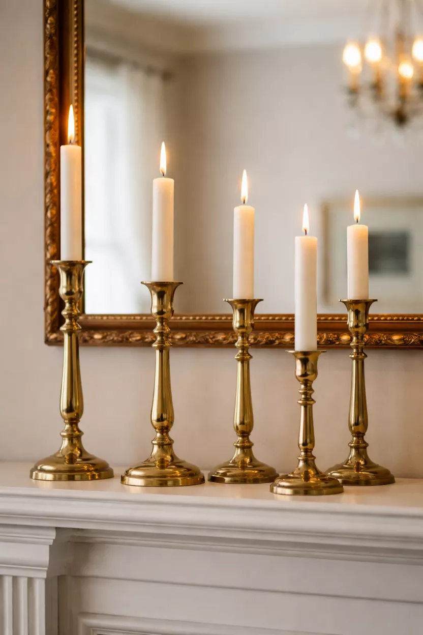 A realistic photo of five brass candlestick holders of different heights on a fireplace mantel, with white candles and a large mirror in the background.