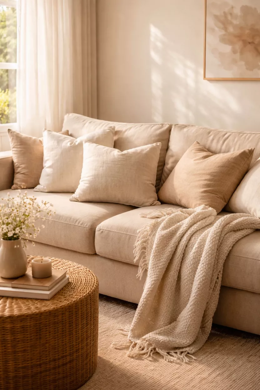 A realistic photo of a beige sofa with several light linen throw pillows in shades of cream and tan, a soft knit blanket, and a sunlit room.