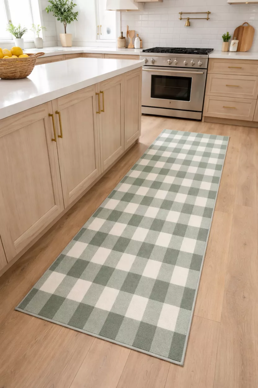 A realistic photo of a sage green and white checkered runner rug on a light hardwood kitchen floor, the rug stretches between the island and the lower cabinets.