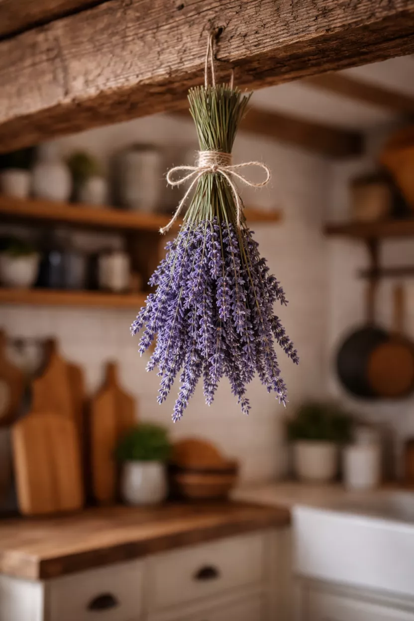 A realistic photo of a bunch of dried lavender hanging upside down from a wooden beam in a kitchen, the purple flowers are tied with a simple twine string.