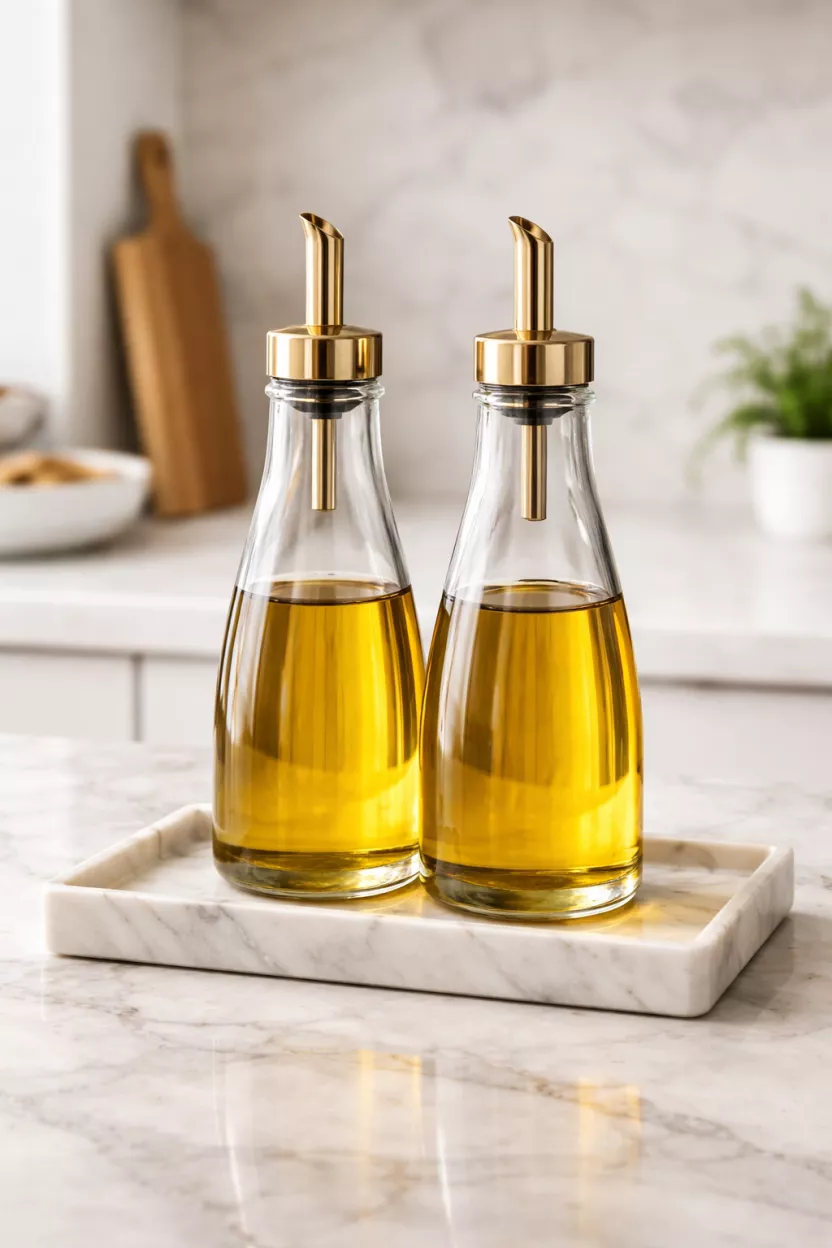 A realistic photo of two sleek glass oil dispensers with gold spouts sitting on a marble tray, the golden olive oil is visible inside the clear glass.