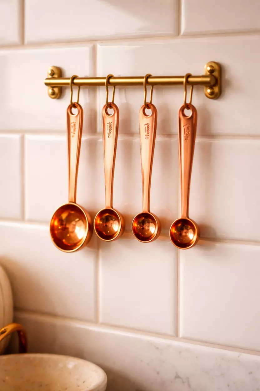 A realistic photo of shiny copper measuring spoons hanging on a small brass rack against a white backsplash, the metal reflects the warm kitchen lights.