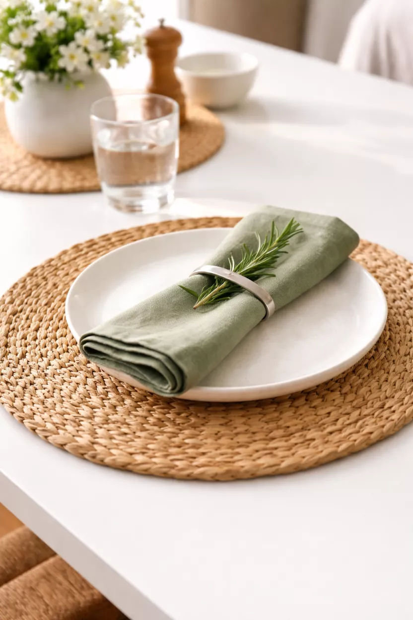 A realistic photo of round woven seagrass placemats on a white dining table, a white ceramic plate and a green cloth napkin sit on top of the placemat, natural texture is visible.
