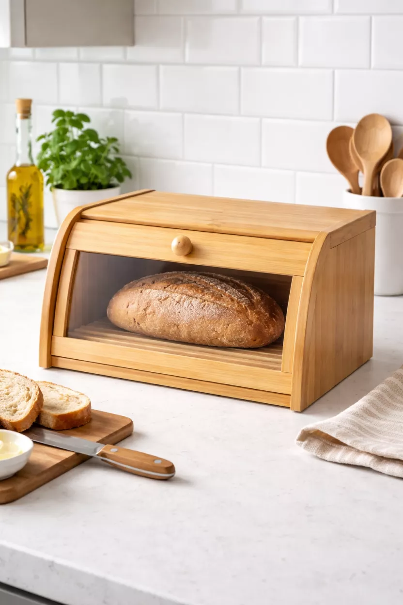 A realistic photo of a natural bamboo bread box on a kitchen counter, a loaf of bread is visible through the clear front window, the surrounding area is clean and bright.