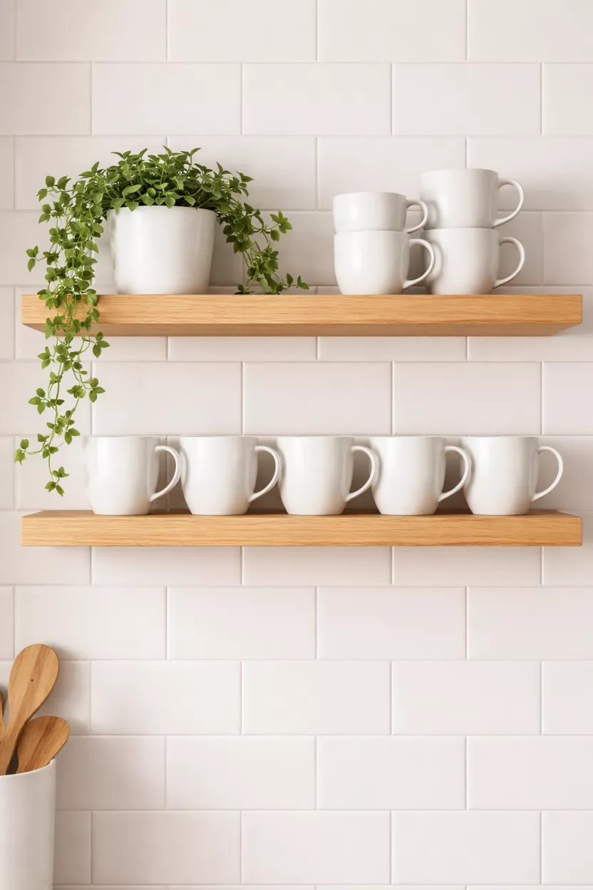 A realistic photo of light wood open shelves in a kitchen holding white mugs and a small trailing ivy plant in a white pot, the shelves are mounted on a white tiled wall.