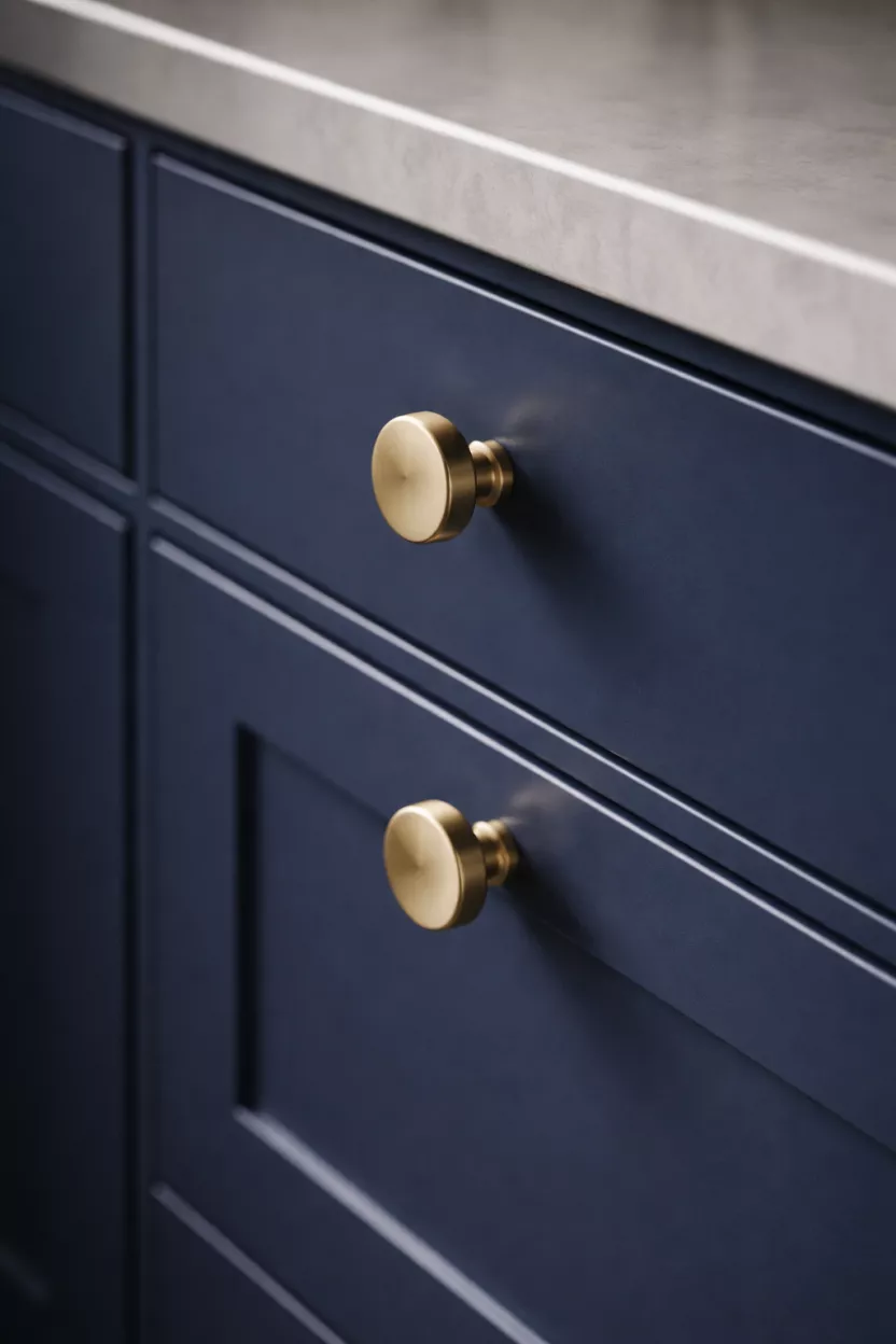A realistic photo of brushed brass cabinet knobs on deep navy blue kitchen drawers, the metal has a soft glow and a round minimalist shape.