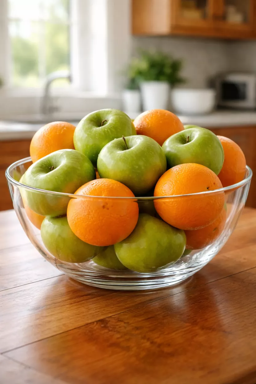 A realistic photo of a large clear glass fruit bowl filled with bright green apples and oranges, the bowl sits on a wooden kitchen table, reflections of the kitchen window appear on the glass surface.