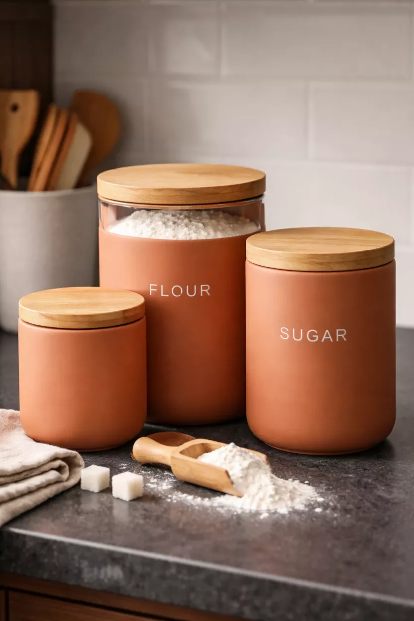 A realistic photo of a set of three matte terracotta canisters with wooden lids sitting on a dark kitchen counter, the canisters vary in height and hold flour and sugar.