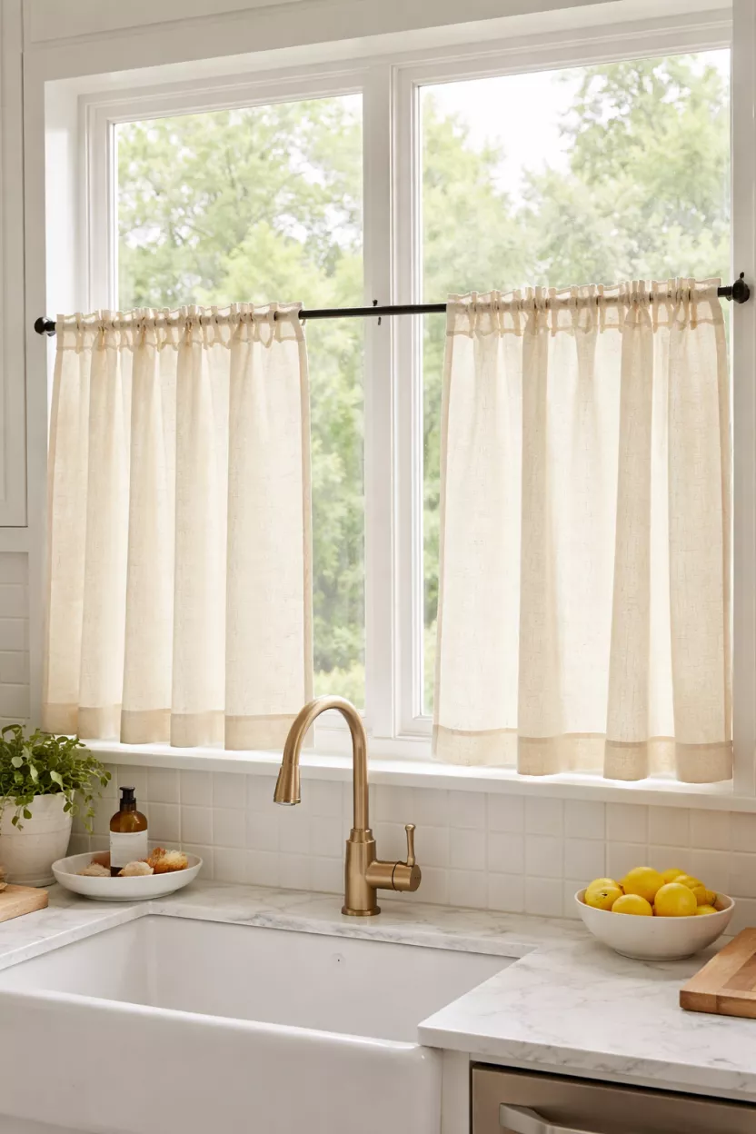 A realistic photo of cream colored linen cafe curtains hanging on a thin black metal rod over a kitchen sink window, the fabric has a subtle weave pattern, green trees are visible through the window.