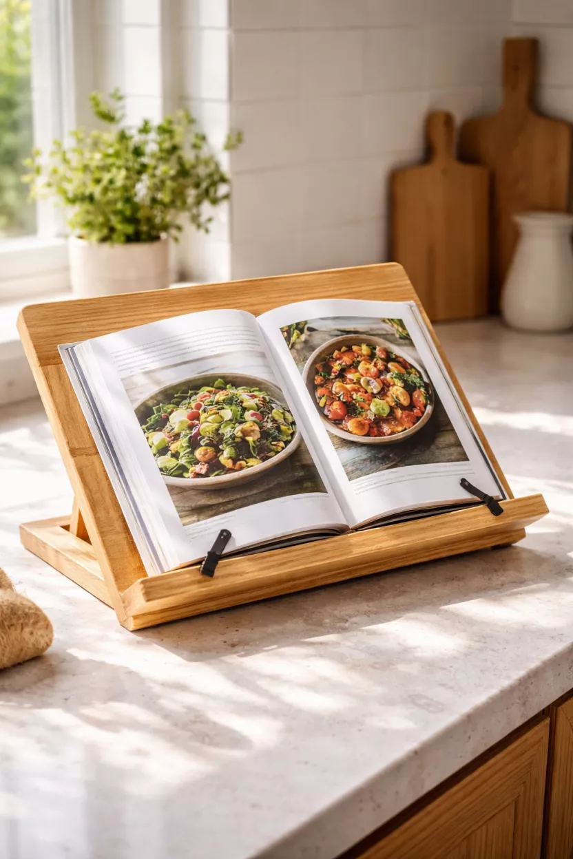 A realistic photo of a light oak wooden cookbook stand on a kitchen counter, an open book with colorful food photos sits on the stand, sunlight hits the pages.