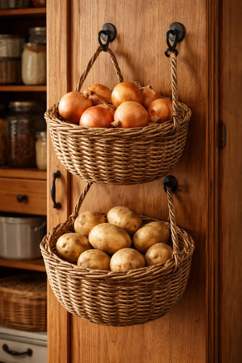 A realistic photo of two woven wicker hanging baskets filled with onions and potatoes, the baskets hang from black hooks on the side of a wooden pantry cabinet.