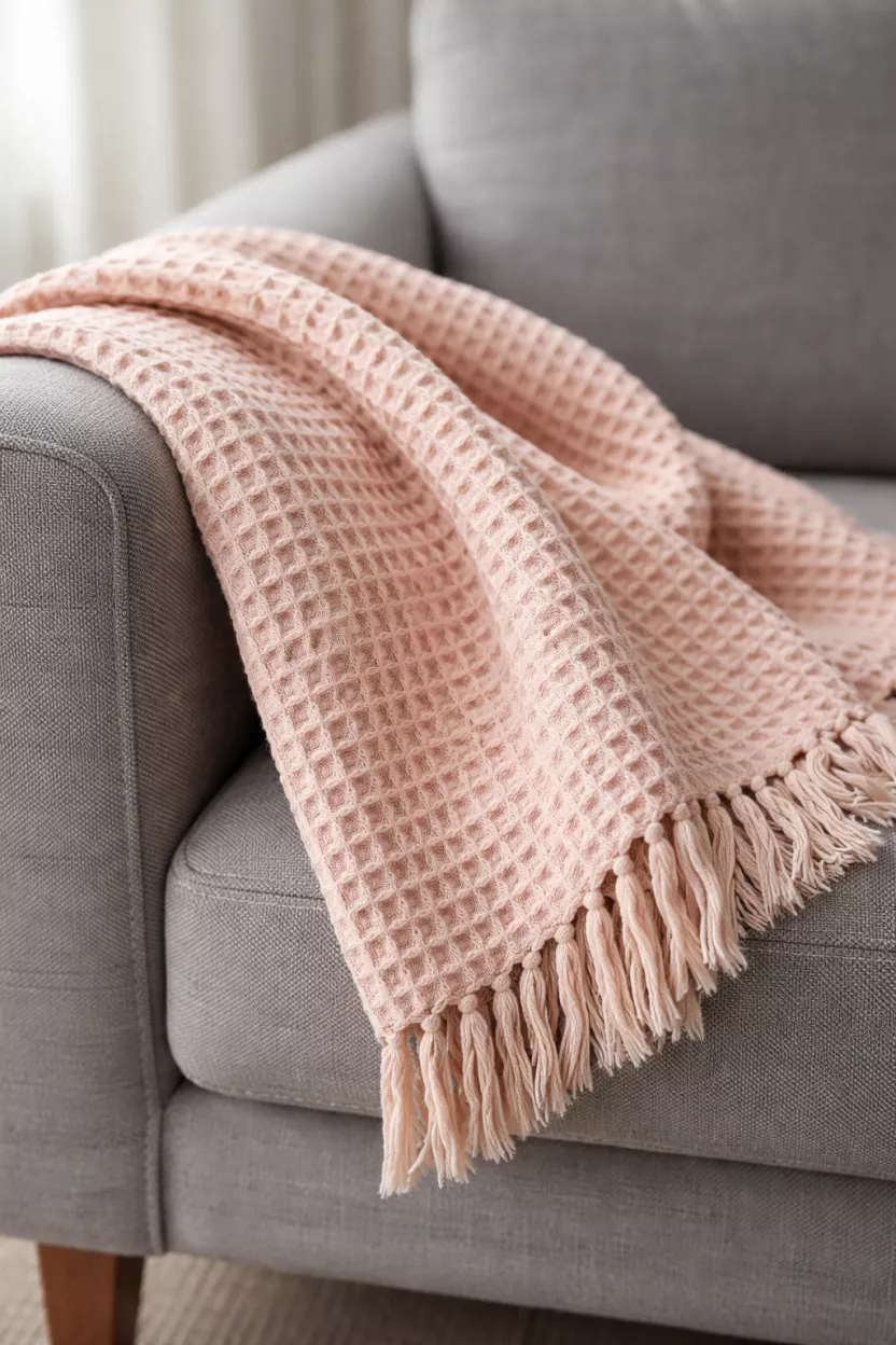 A realistic photo of a light pink waffle weave cotton throw blanket draped over the arm of a grey fabric sofa, close up on the textured fabric pattern, soft daylight.