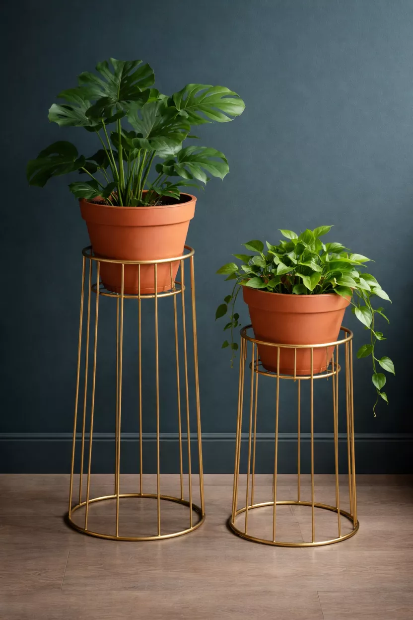 A realistic photo of two gold metal wire plant stands of different heights holding terracotta pots with green leafy plants, set against a dark teal wall.