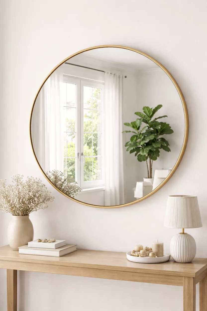 A realistic photo of a large round mirror with a thin gold frame hanging on a white wall above a console table, reflecting a bright room with a window and a green plant.
