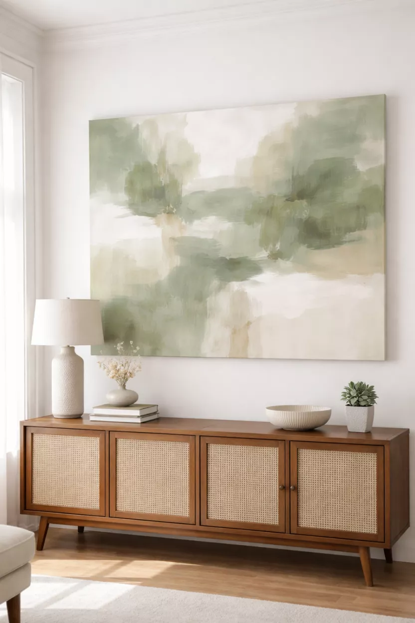 A realistic photo of a large canvas with an abstract painting in shades of sage green and cream, hanging above a mid century modern sideboard, bright natural light in the room.