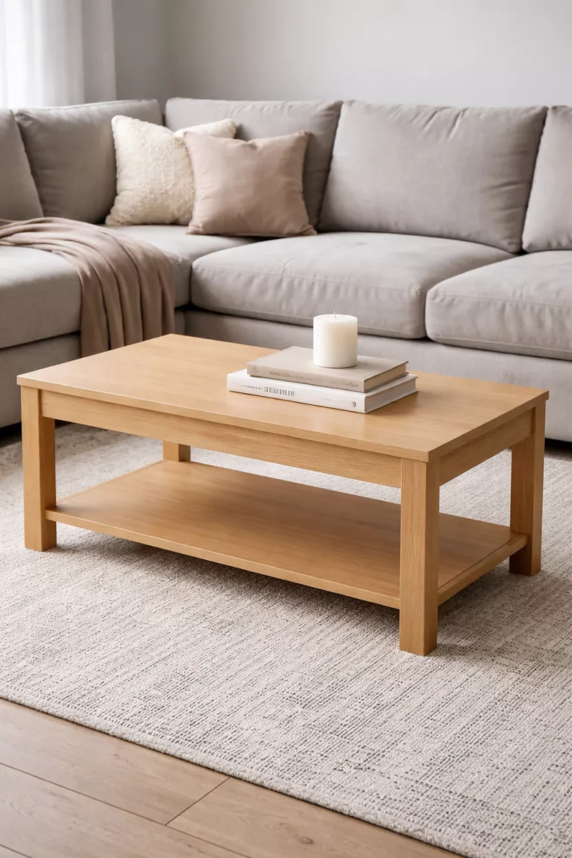 A realistic photo of a light oak rectangular coffee table with a matte finish, a small stack of books and a white candle on top, a grey sectional sofa in the background.
