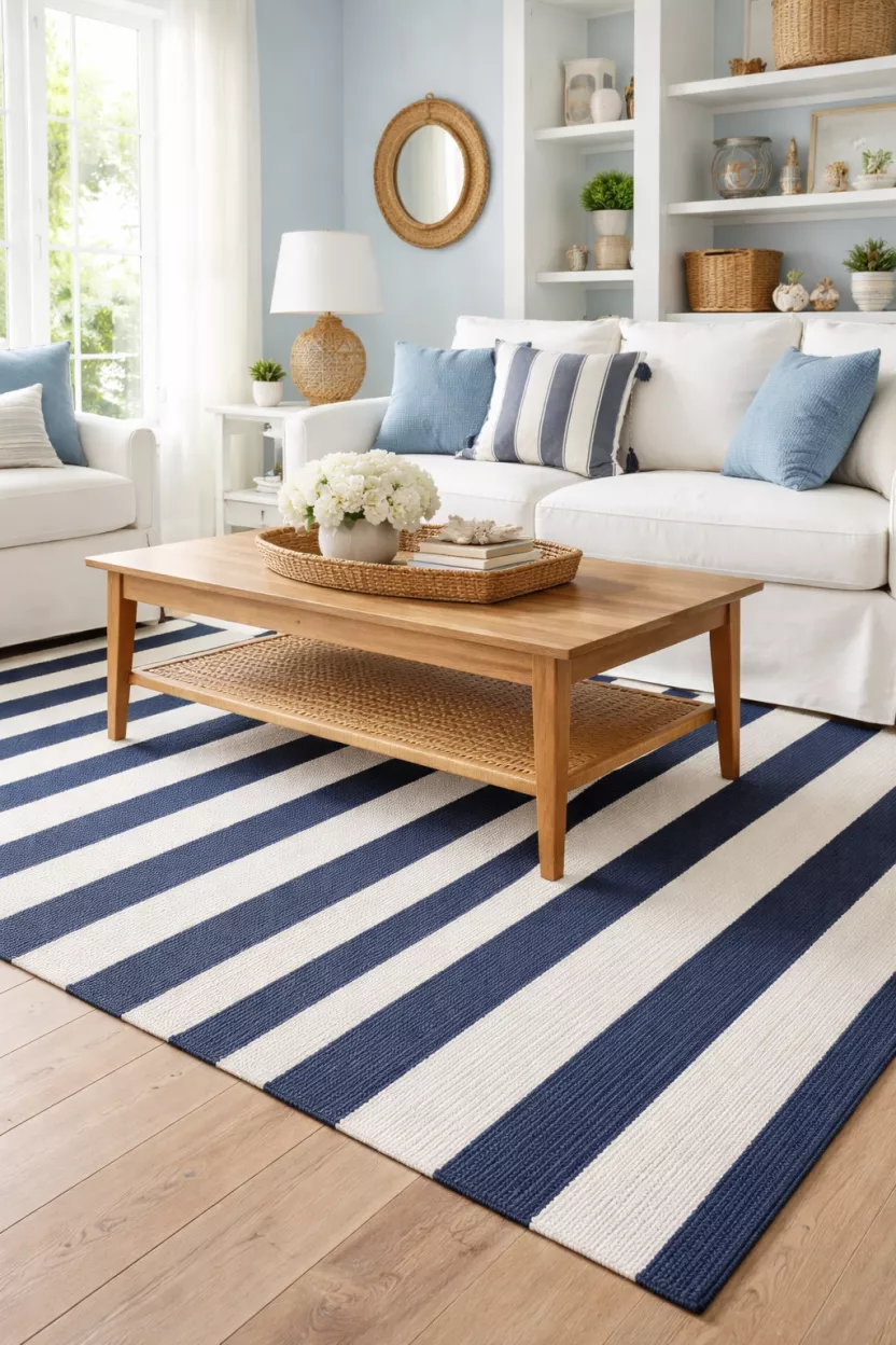 A realistic photo of a navy blue and white striped flatweave cotton rug under a wooden coffee table, bright coastal style living room with light blue walls.