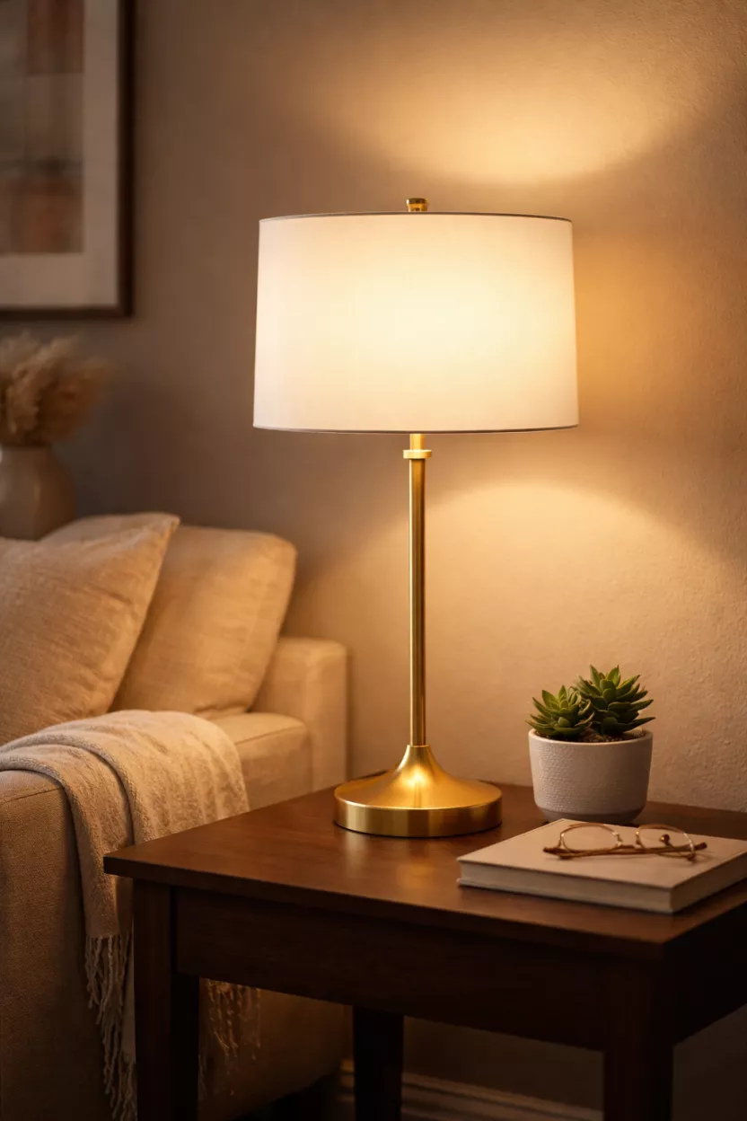 A realistic photo of a slim gold brass table lamp with a white drum shade sitting on a dark wood end table, a small potted succulent beside it, soft warm lighting in a cozy corner.