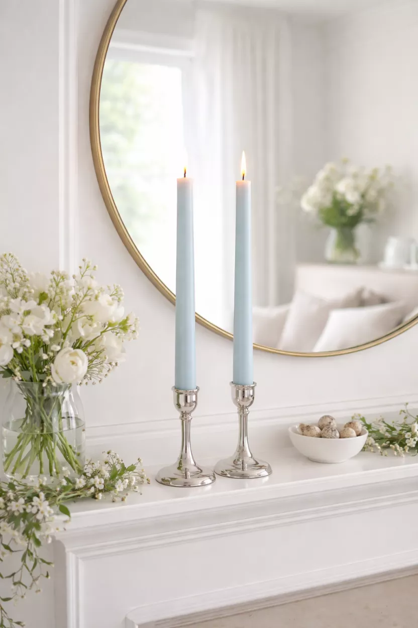A realistic photo of two tall light blue taper candles in silver candle holders on a white mantelpiece, a circular mirror reflects the bright room, elegant and simple spring decor.