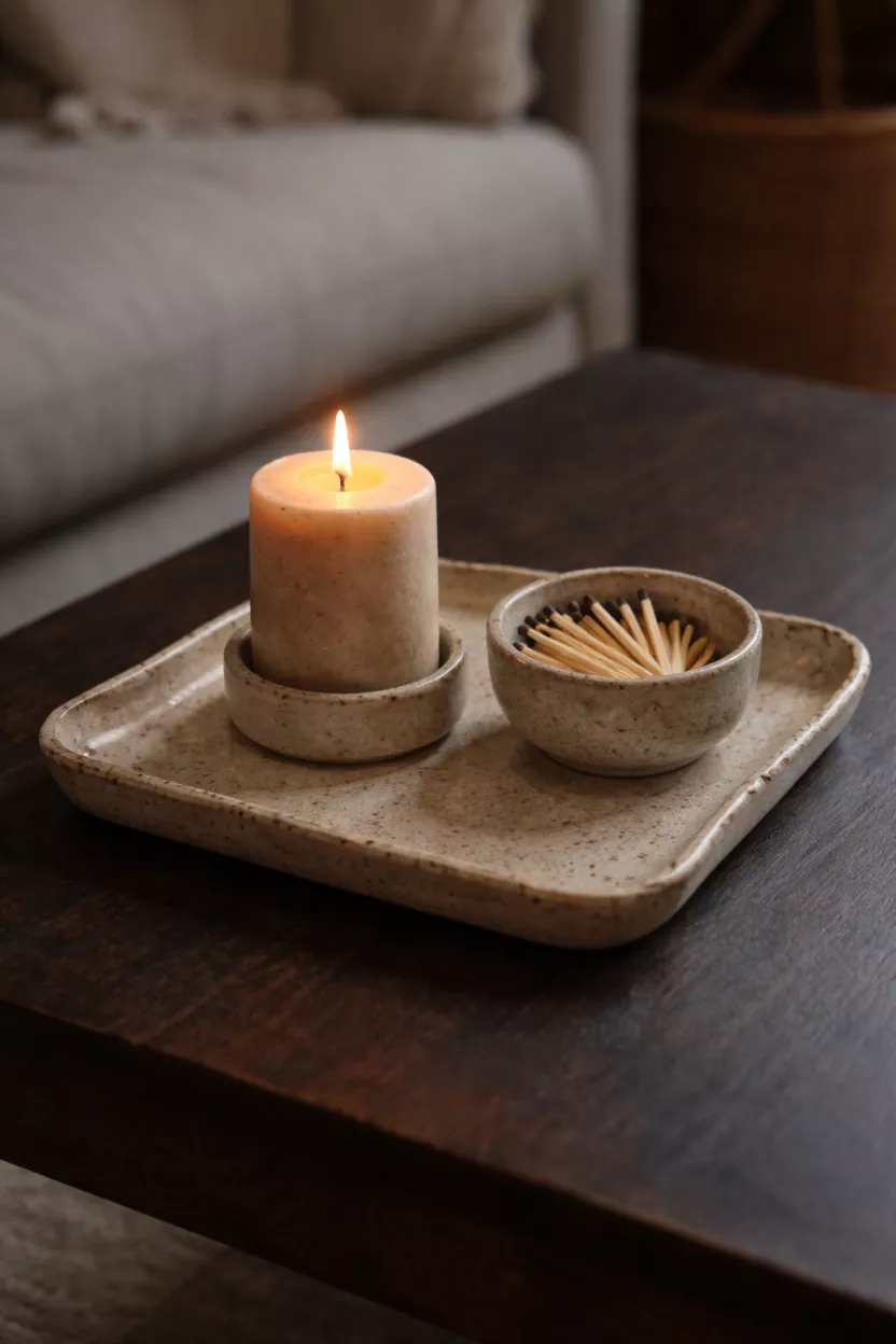 A realistic photo of a speckled beige ceramic tray holding a candle and a small bowl of matches on a dark coffee table, rustic handmade texture with organic edges.