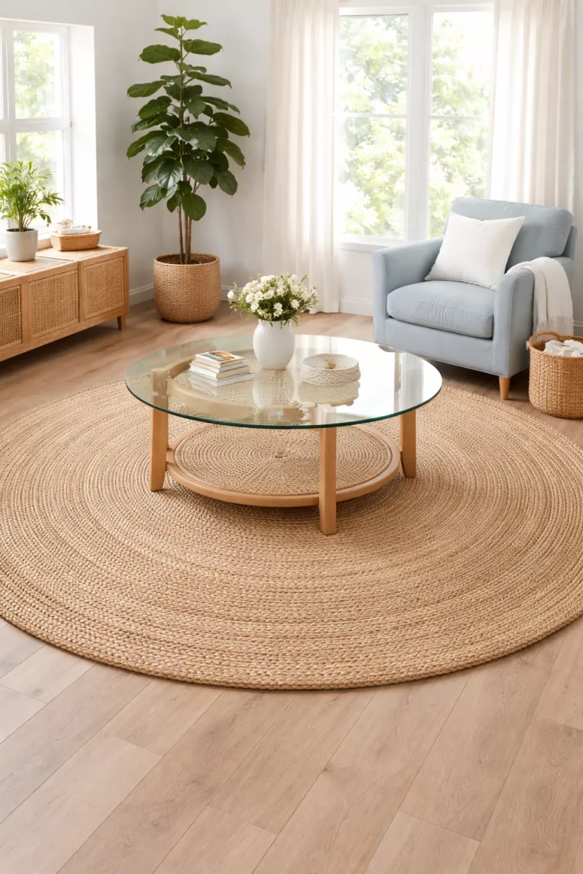 A realistic photo of a large tan woven seagrass area rug centerpiece under a round glass coffee table, a light blue armchair sits in the corner, natural fibers and organic textures fill the bright living space.