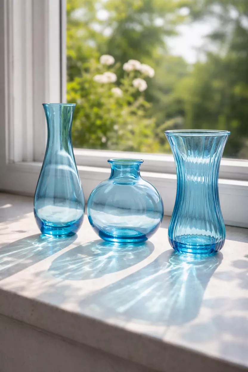 A realistic photo of three translucent sky blue glass vases of different shapes on a sunny windowsill, light passing through the blue glass creates colorful shadows.