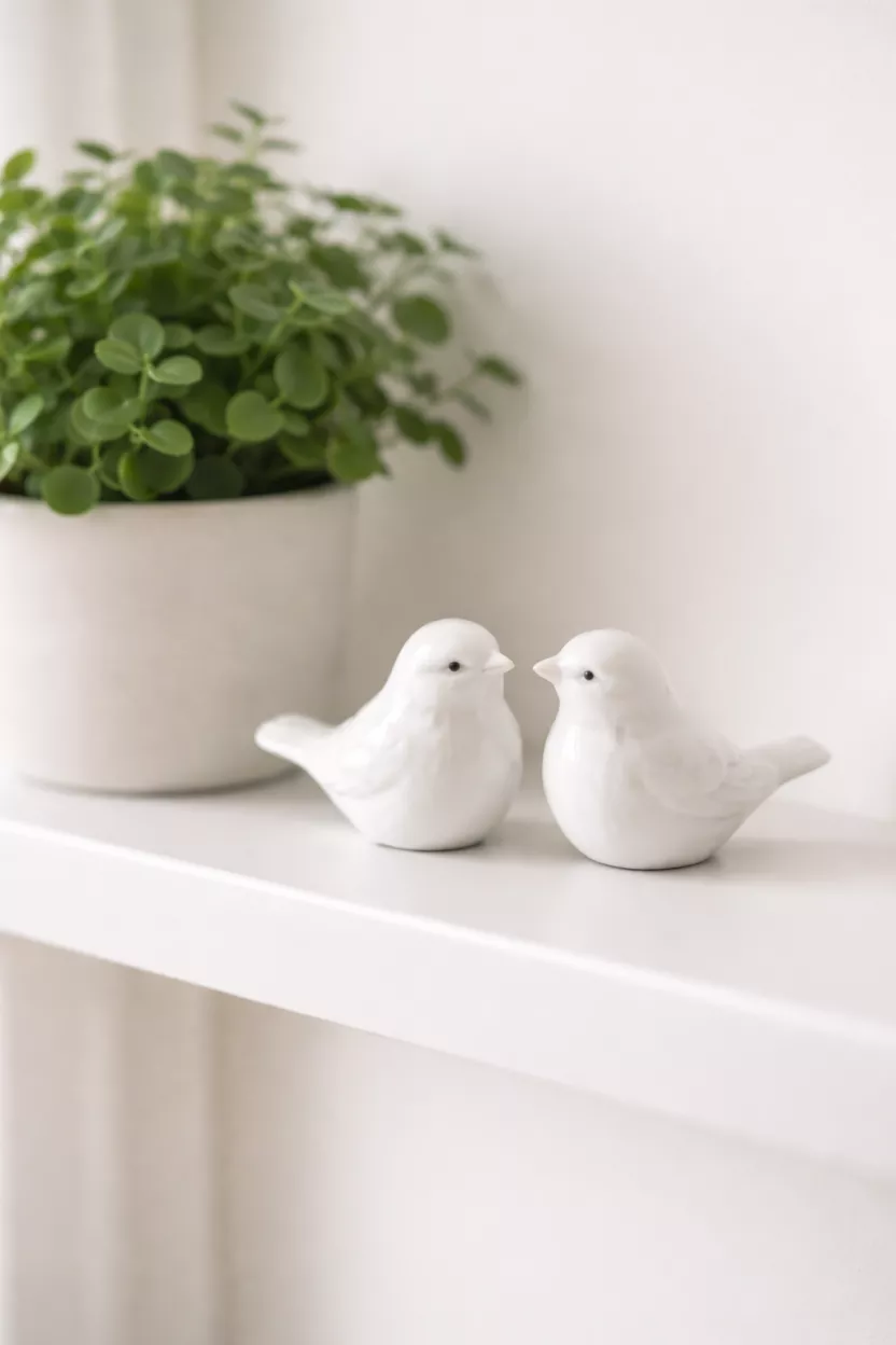 A realistic photo of two small white porcelain bird figurines sitting on a shelf next to a green potted plant, clean minimalist decor with soft natural lighting.