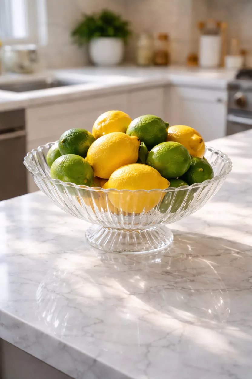 A realistic photo of a clear fluted glass fruit bowl filled with bright yellow lemons and green limes on a marble kitchen island, sunlight creates dancing reflections on the white stone surface.