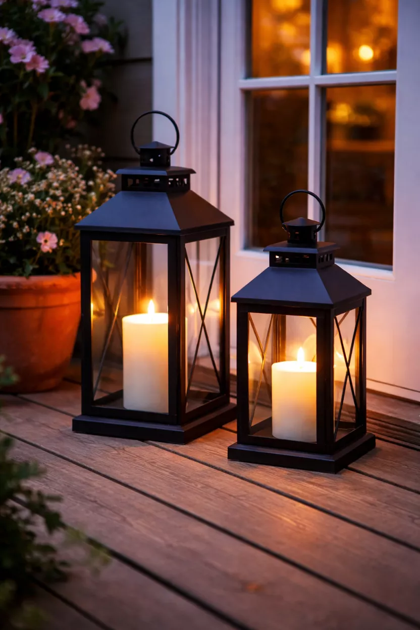 A realistic photo of two black metal lanterns with glass panes holding white pillar candles, sitting on a wooden porch floor by a glass door, spring evening scene.