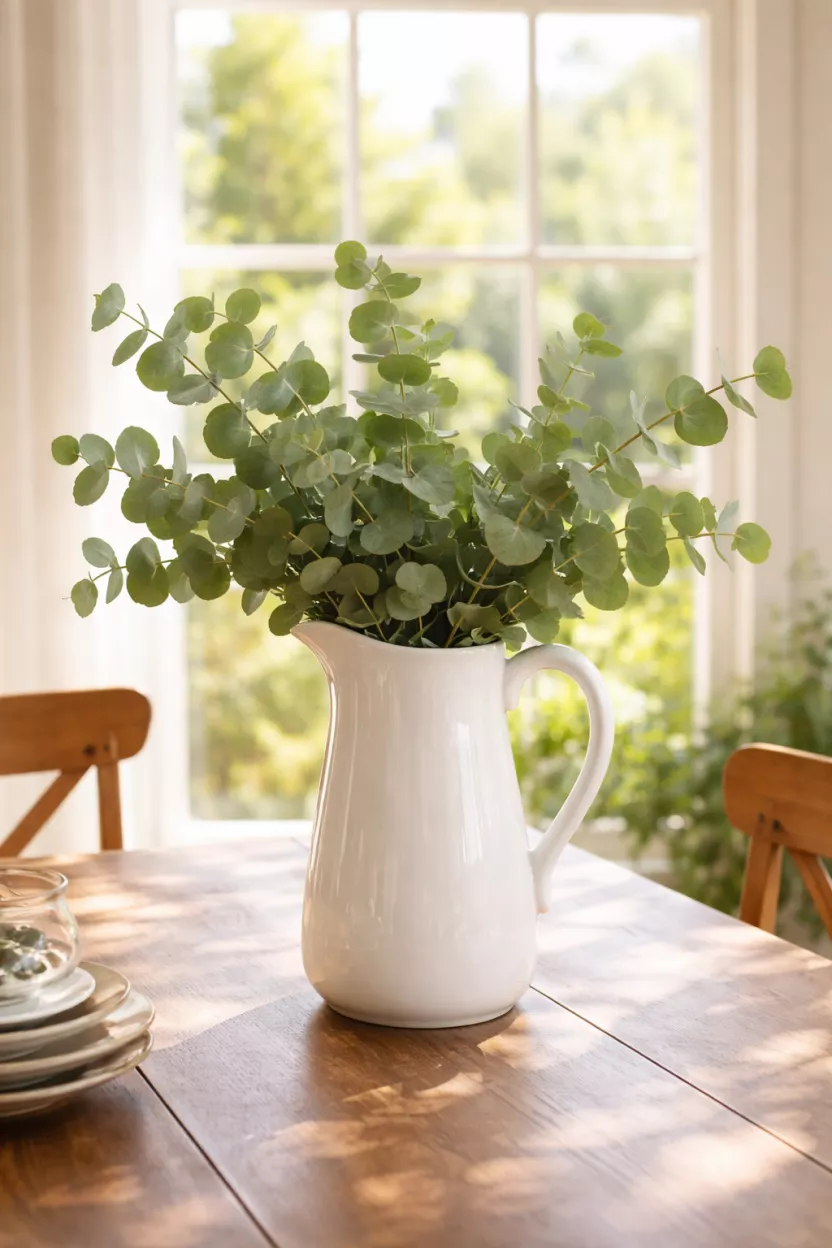 A realistic photo of a tall white ceramic pitcher filled with fresh green eucalyptus branches on a wooden dining table, a sunny window in the background with blurred garden views.