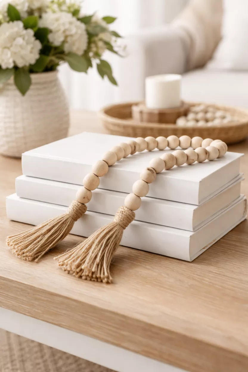 A realistic photo of a natural wood bead garland with tassels draped over a stack of white coffee table books, farmhouse style decor with light wood accents.