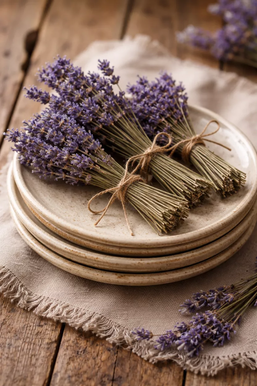 A realistic photo of small bundles of dried purple lavender tied with thin brown twine, laying across a stack of beige ceramic plates on a rustic table.