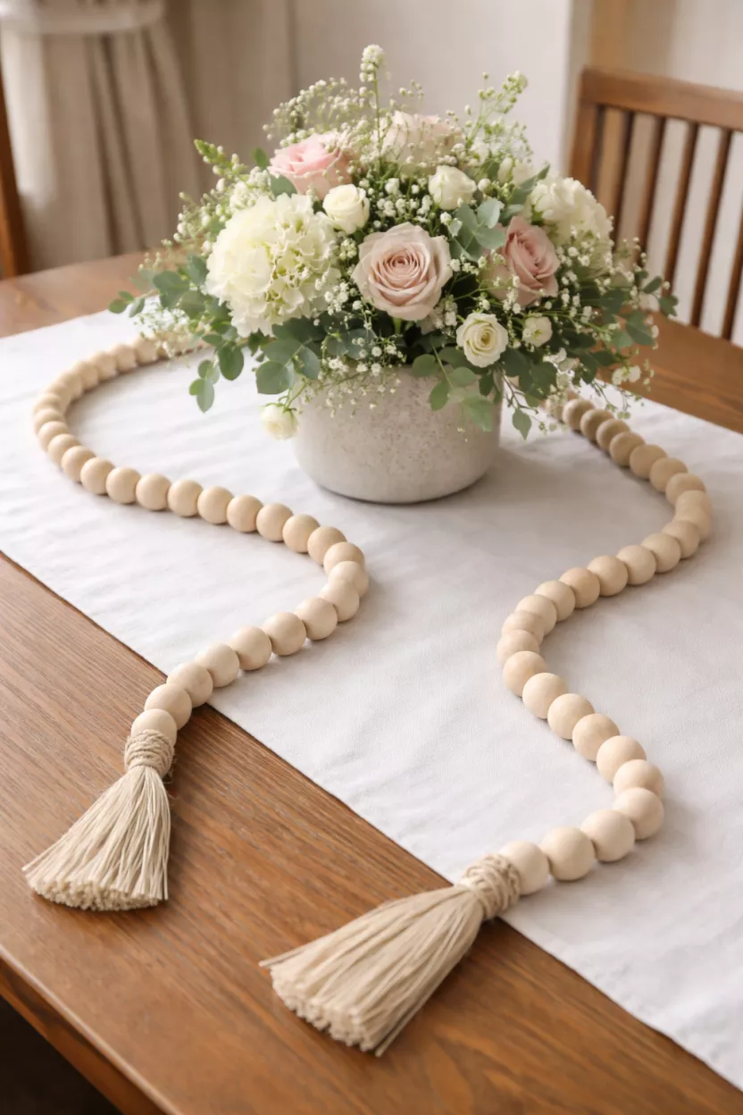 A realistic photo of a long garland made of light natural wood beads draped around a center floral arrangement on a white table runner.