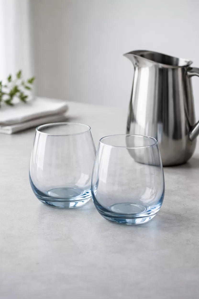 A realistic photo of stemless wine glasses with a subtle blue tint sitting on a light gray table next to a silver pitcher.