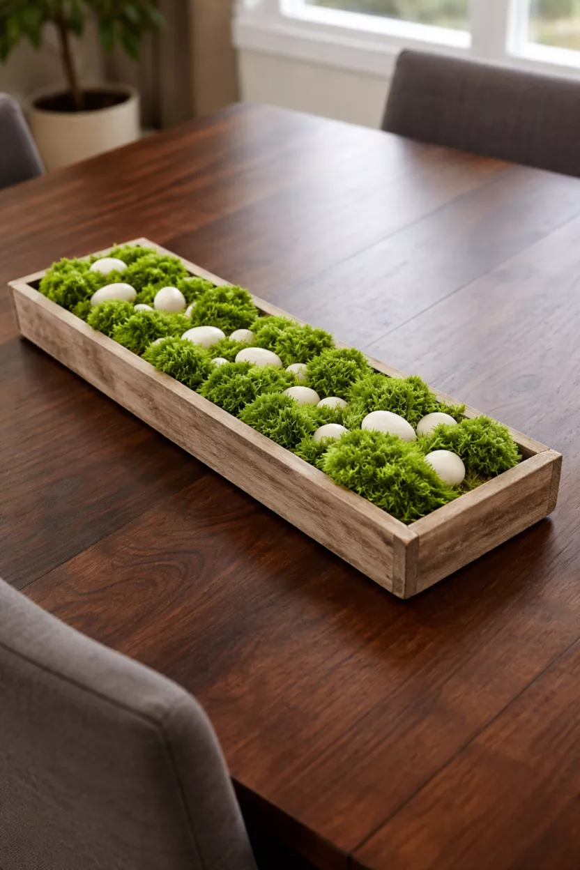 A realistic photo of a low wooden trough filled with bright green decorative moss and small white stones, placed as a centerpiece on a dark walnut dining table.