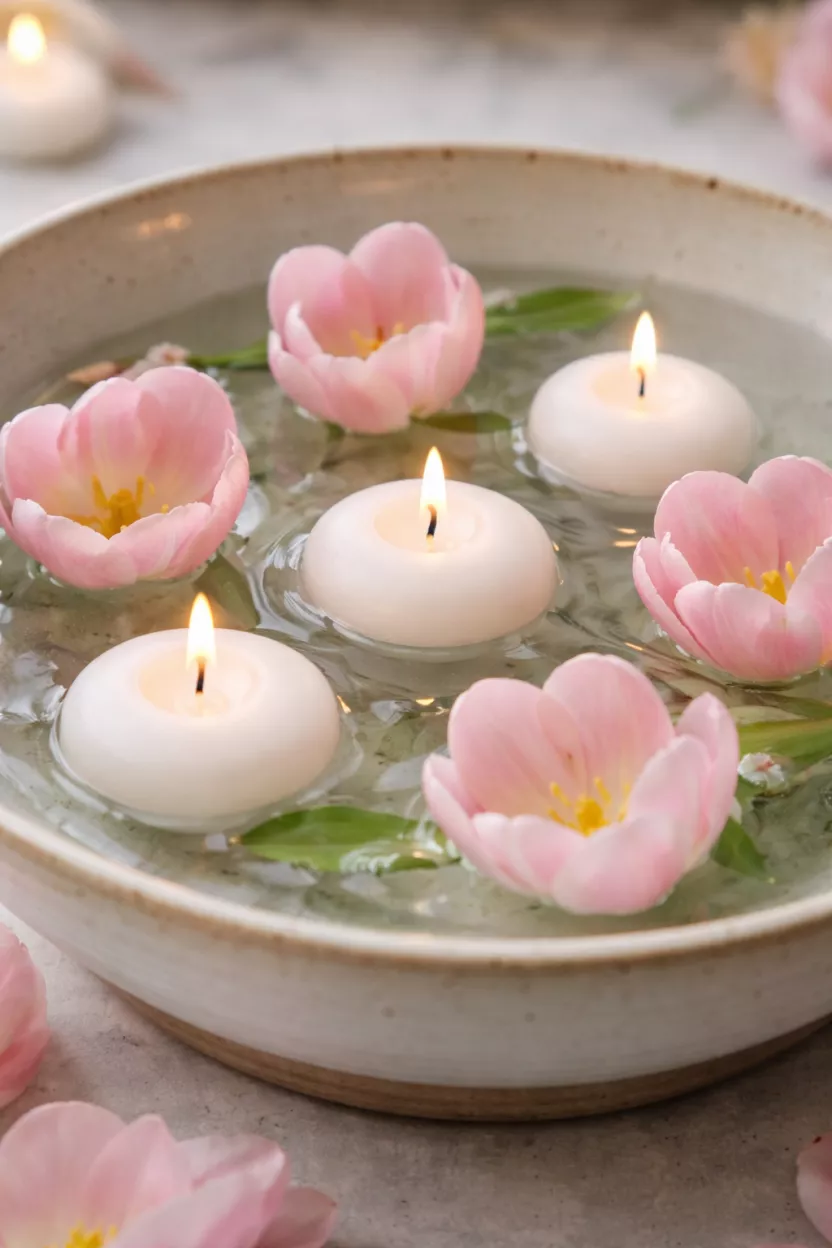A realistic photo of a wide shallow ceramic bowl filled with water with three white floating candles and a few pink tulip heads floating on the surface.