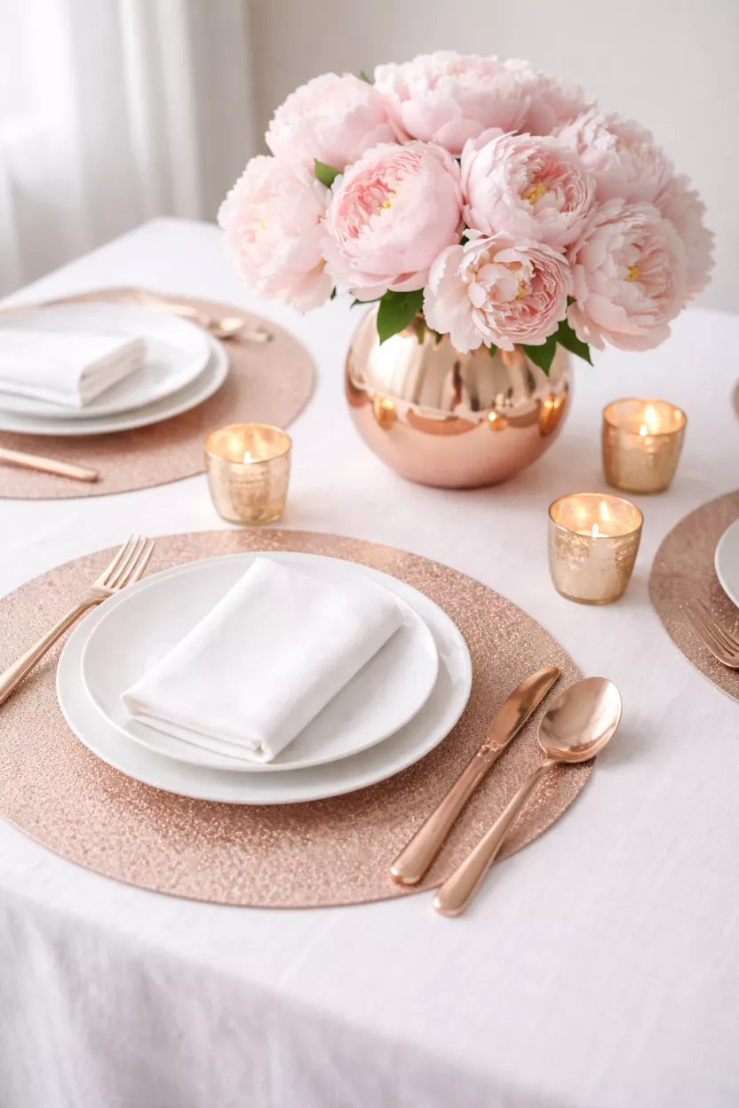 A realistic photo of rose gold placemats, light pink peony flowers in a rose gold vase, and white plates with rose gold cutlery on a white linen tablecloth.