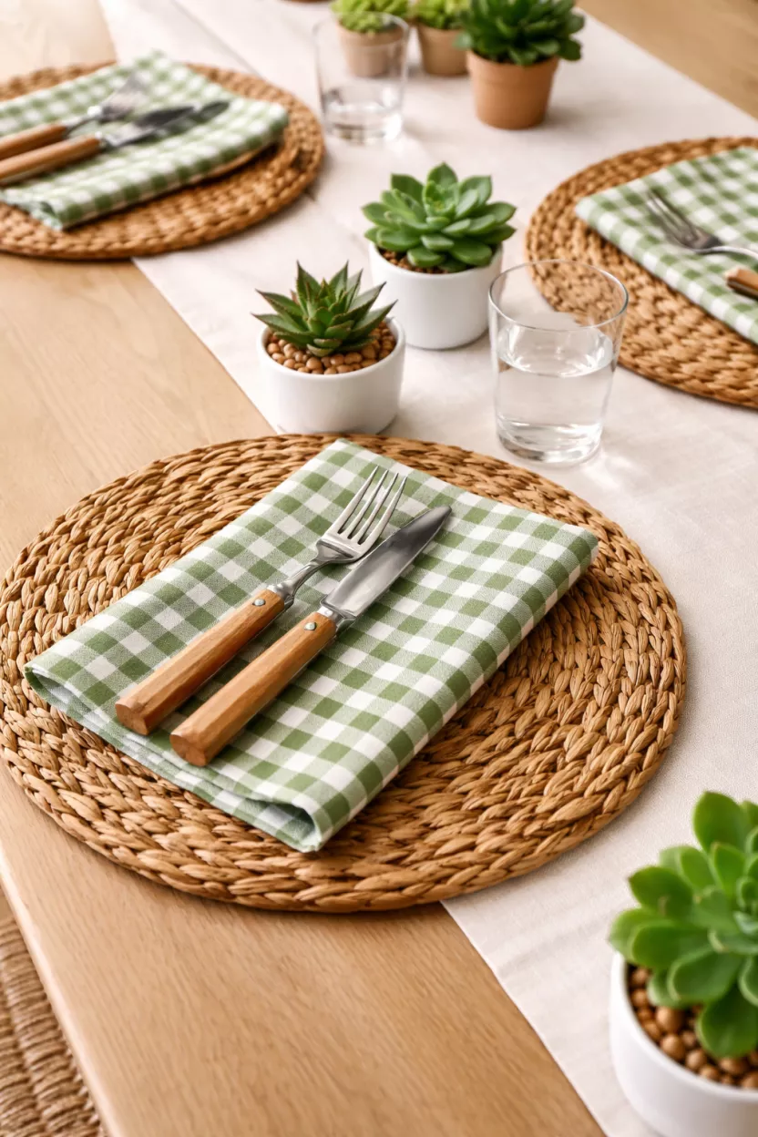 A realistic photo of round woven rattan placemats topped with green and white gingham check napkins, wooden handled flatware, and small potted succulent plants as centerpieces.
