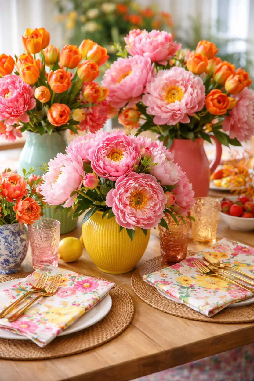 A realistic photo of a table crowded with large pink peonies and orange tulips in various colorful ceramic vases, featuring bright floral print napkins and gold forks.